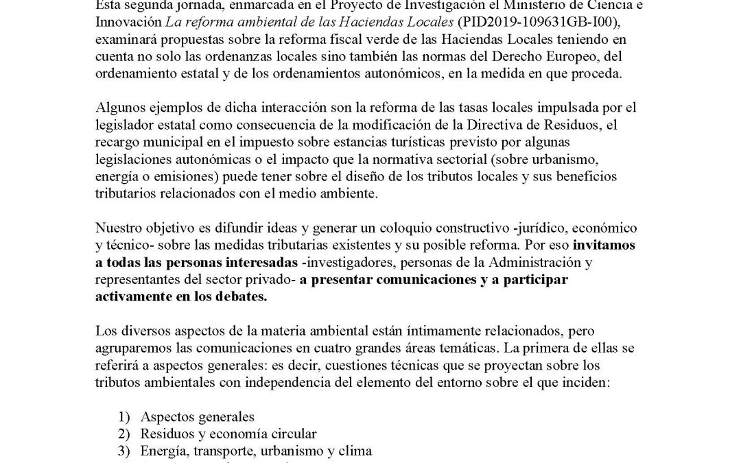 Llamada a comunicaciones – 2ª Jornada sobre la Reforma Ambiental de las Haciendas Locales: La reforma en el marco jurídico europeo, estatal y autonómico