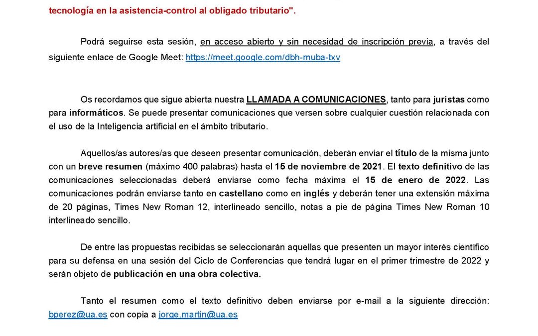 Tercera sesión Ciclo conferencias «Inteligencia Artificial y Derecho Tributario»