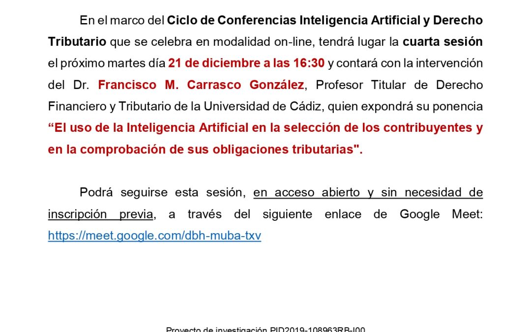 Cuarta sesión Ciclo conferencias «Inteligencia Artificial y Derecho Tributario»