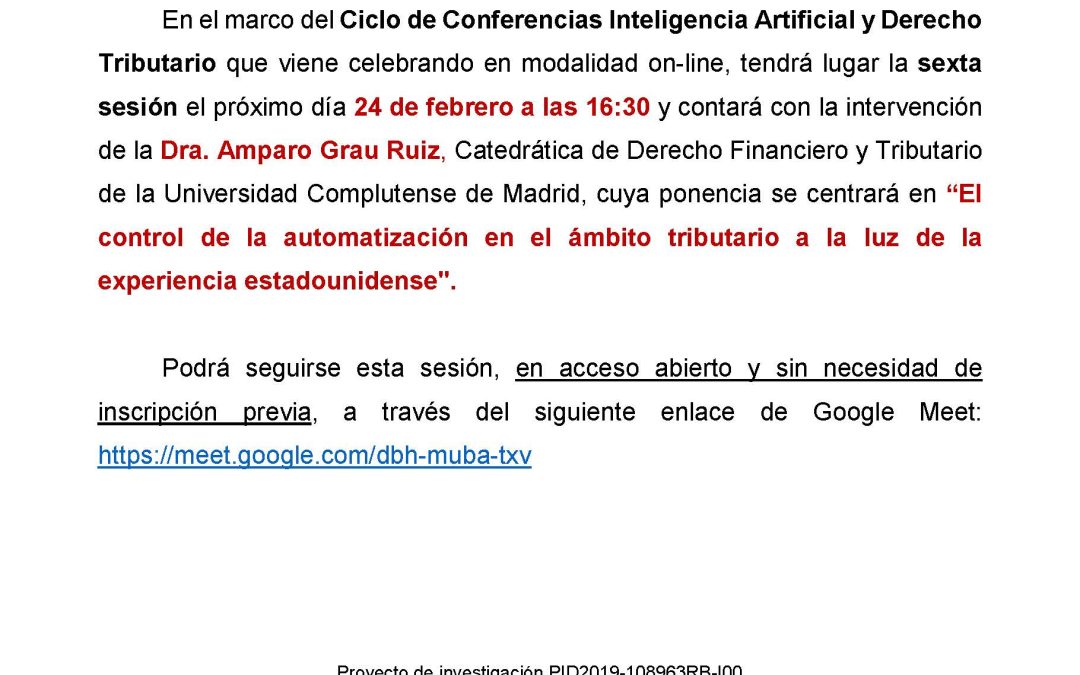 Sexta sesión Ciclo conferencias «Inteligencia Artificial y Derecho Tributario»